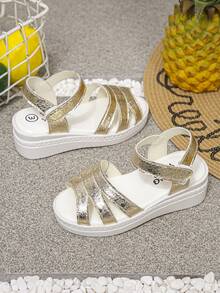 1 Pair Girls' Roman Style Platform Sandals, PU Material With Metal Strap Design, Suitable For Daily Wear In Summer - Gold - View 2