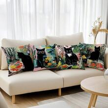 4件套油画风格黑猫金鱼植物图案抱枕套，单面印花，柔软桃皮绒面料，45*45厘米，适用于家居卧室客厅派对装饰，沙发装饰抱枕套，礼品装，不含枕芯 - 彩色 - 查看 7