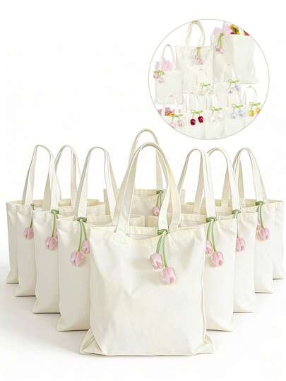 Mini/S/M/L 1/3/5/10pcs Floral Canvas Tote Bag Reusable Tulip Pendant Canvas Gift Bags Set, Assorted Sizes Favor Bags With 3D Flower Charms For Wedding Bridal Shower, Bachelorette Party, Bridesmaid Proposal, Mother's Day Gift Bag,Birthday & Spring Party Favors, SPA Party Favor,Bulk Party Supplies For Guests,Women Gift Bag,Thank You Gift Bag,Reusable Cotton Tote,Pastel Color Tote,Shopping & Daily Use