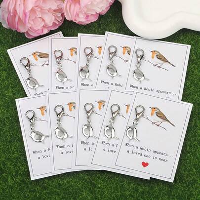 10pcs/Set Vintage Robin Bird Keychain - "When A Robin Appears, Loved Ones Are Nearby", Memorial Gift, Valentine's Day, Autumn Bag Accessory Lanyard, ID Card Holder, Car Decor, Bag Pendant, Anniversary, Mother's Day