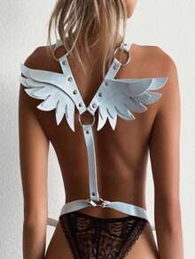 女士性感PU皮革翅膀束缚内衣套装，含吊袜带，哥特式睡衣 - 白色 - 查看 2