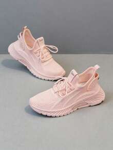 2025 New Style Women's Casual Sports Shoes Solid Color Lace-Up Slip-On Wear-Resistant Eva Insole Women's Tennis Shoes Indoor Exercise Outdoor Hiking Autumn And Winter Women's Shoes - 粉色 - 查看 4