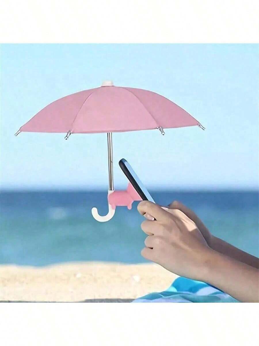Mini Umbrella For Smartphones With Universal Piggy Suction Cup Holder, Outdoor Anti-Glare Sunshade, Polyester Fiber Material, Rain And Sun Protection, Screen Protector, Camping Equipment - Baby Pink - View 1