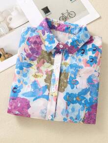 女士印花宽松翻领纽扣衬衫，优雅休闲短袖上衣，适合春夏办公及日常穿着 - 藍拼紫花 - 查看 2