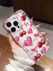 Transparent Phone Case With 3D Heart, Bow, And Strawberry Pattern, Compatible With IPhone 17/16/14/13 Pro Max/12 Pro/11/Xr/Xs/7/8 Plus, S10/S22/A12/A50/A52/S24/A135G And Other Models, Durable TPU Material With Air Cushion - Multicolor - View 4