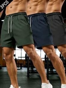3pcs Men's Casual Shorts, Lightweight Solid Color Elastic Waist Shorts For Daily, Hiking, Outdoor, Running, Sports Black - Black - View 10
