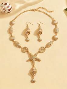 Set de 2 piezas Nuevo y creativo con temática de playa y océano para fiesta de vacaciones, minimalista con estrella de mar, concha, caracol, etc. Conjunto de ropa de verano - Amarillo Oro - Ver 4