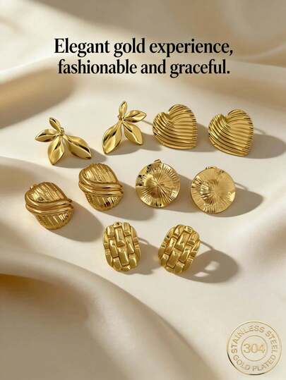 5对优雅的304不锈钢耳环，采用几何设计，包括乌龟、花朵、爱心和手提包图案。这些简约时尚的不锈钢耳环非常适合女性日常佩戴，也是送给女性朋友的绝佳礼物。