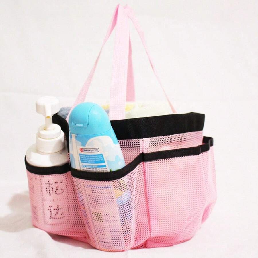 网眼沙滩手提袋，化妆品旅行收纳包，便携式游泳和淋浴袋 - 粉色 - 查看 1