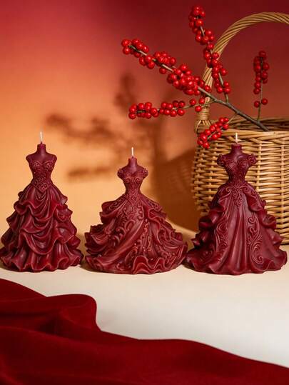 3 Styles Burgundy Evening Gown Shaped Candles, Handmade Soy Wax, Romantic Wedding Decor, Valentine's Day Gift