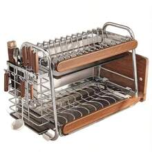 Luxury 2-Tier Dish Drainer Organizer, Stainless Steel With Wood Details, 43x27x34 Cm - 查看 7