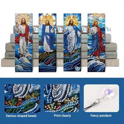 4pcs Set 5D Diamond Painting Bookmark Kit For Adults, Religious Theme, Round Shaped, PET Material, DIY Rhinestone Art Craft, Sparkling Crystal Pendants, Artistic Home Office Accessory, Adult Craft Gift
