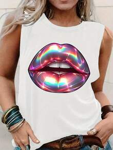 Women'S Sleeveless Tank Top With Iridescent Kiss Print - Casual Round Neck Summer Top, Black With Colorful Lips Design, Lightweight Polyester Blend For Casual Attire - trắng - Xem 5