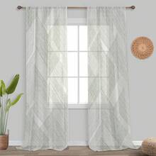 2片装白色和绿色几何线条印花现代简约风格平纹薄纱窗帘，100%涤纶面料，杆袋式，无衬里，90克/平方米，宽度180厘米，适用于卧室、客厅、餐厅和浴室。 - 彩色 - 查看 7