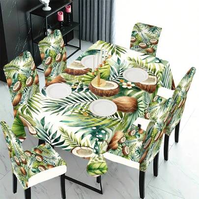 1/4/5/6/7/36pcs Spring & Summer Series Coconut & Palm Leaf, Lemon & White Flower, Pomegranate & Berry Pattern Chair Cover/Seat Cushion Set, Suitable For Indoor Home, Restaurant, Hotel, Ideal For Modern Daily Decor. Tablecloth Fits Square Dining Table, Elastic Chair Cover Is Washable.