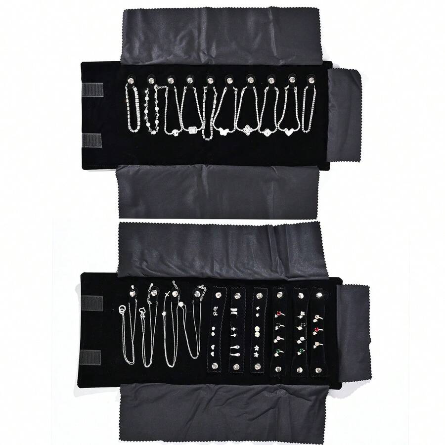 YRUID Fashion Mini Small Black 10 Buckles Necklace Rings Earring Bracelets Storage Bag Jewelry Nylon Roll Organizer Bag Velvet Bracelet Carrying Display Holder Jewelry Business Pouch - Black - View 1