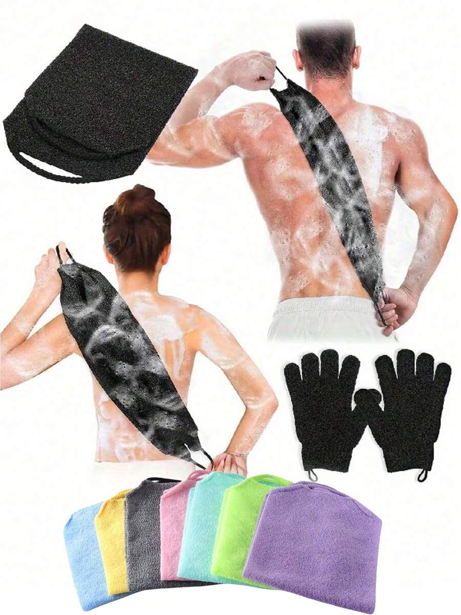 Back Exfoliating Scrub Gloves Set, Includes Exfoliating Bath Towel And Scrub Gloves For Body Exfoliation - Multicolor - View 1