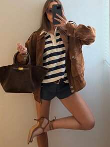 秋冬女式飞行员夹克外套麂皮夹克女式街头风假日女式大衣拉链新款春季外套 - 咖啡棕 - 查看 4