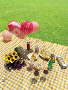 1pc Folding Picnic Blankets Beach Bag, Large Family Picnic & Outdoor Beach Blanket Machine, Washable Plus Thick Checkered Sandproof Grass Waterproof Foldable Camping On Beach Mat,Perfect For Camping, Family & Friends Outings! - Yellow - View 6