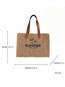 新款夏季刺绣棕榈树草编手提包，大容量通勤编织单肩包，女士休闲沙滩手提包 - 卡其色 - 查看 9