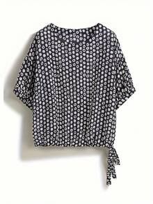 1pc Elegant Short Sleeve All-Over Print Woven Fabric Drawstring Blouse, Suitable For Beach, Vacation, Daily Wear, Spring/Summer - 彩色 - 查看 6
