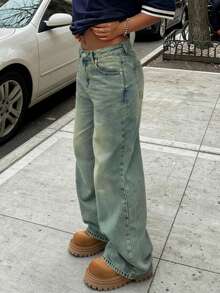 MYOURSA Y2K宽松阔腿牛仔裤高腰水洗做旧复古街头风学院休闲穿搭女装度假春季 - 中等水洗藍 - 查看 4