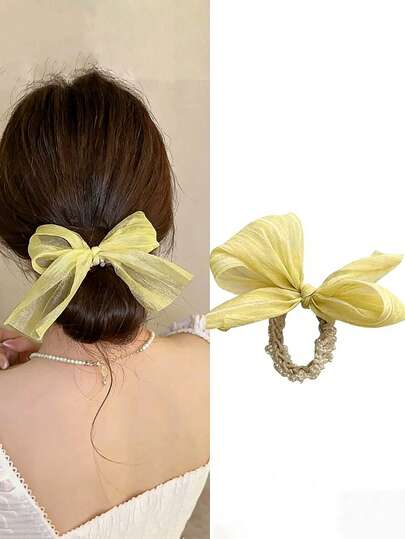 1 pieza Elegante accesorio para el cabello de mujer con lazo de organza amarillo y detalles de perlas