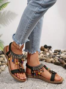 Women's Comfortable Soft Bottom Elastic Band Sandals, New Bohemian Fashion Rhinestone Shoes, Tassel & Rivet One-Strap Flat Sandals - Black - View 5