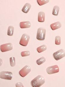 24pcs Short Square UV Glitter Gradient Pink-Orange Candy Color False Nails + 1pc Jelly Glue + 1pc Nail File Set Press On Nails Nail Supplies - 多色 2 - 查看 8