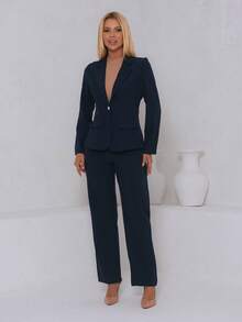 steve store moda feminina conjunto torno formal e calcas para escritório  moda elegante - azul marinho - Visão 2