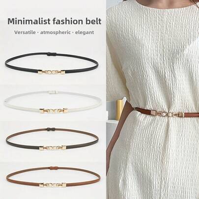 1 pieza Cinturón delgado y elegante para mujer | Cinturón de cuero versátil para faldas y pantalones cortos | Decoración de hebilla metálica | Combina con vestidos y camisas para ir a trabajar | Cinturón de mujer con adornos de perlas