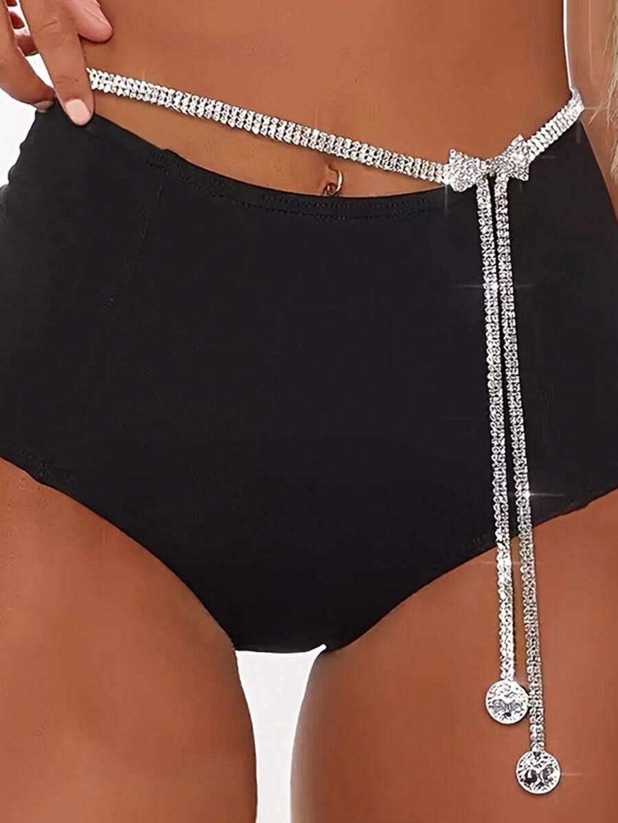 1 chiếc dây đeo eo đính pha lê 3 hàng sáng bóng với mặt dây chuyền hình nơ và tua rua thanh lịch, phù hợp cho bikini và trang phục dự tiệc. - Nhiều màu - Xem 1