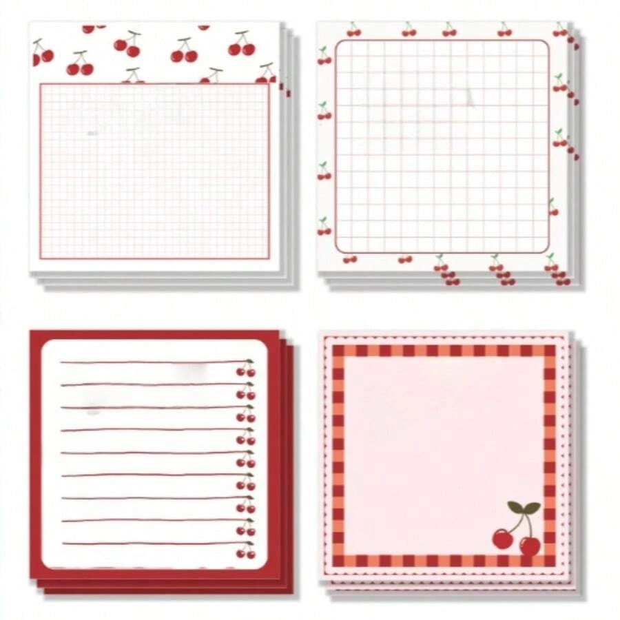 3x3 Inch 50 Sheets Cherry Pattern Sticky Notes, Cherry Pattern Memo Pad With Adhesive, Suitable For School, Office, Home, Student & Teacher Gift, Back To School Gift - Black and White - View 1
