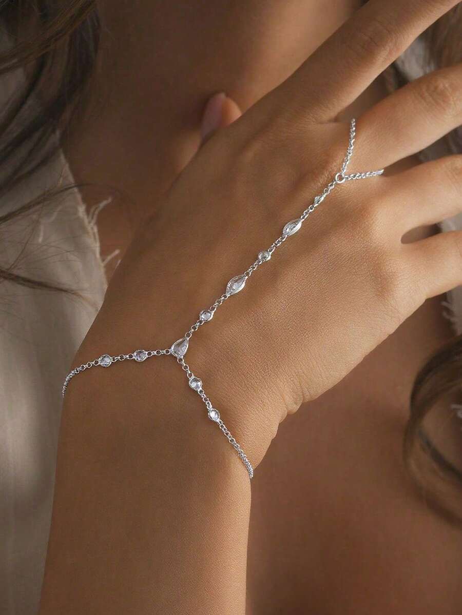 1件简约日常闪亮水晶链条手链，复古优雅几何水钻手链，女士款 - 銀色 - 查看 1
