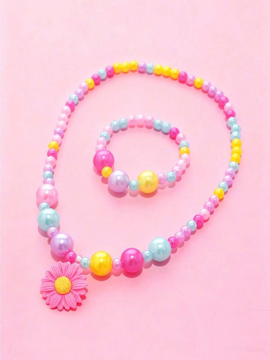 2pcs/Set Daisy Pendant Beaded Necklace & Bracelet Jewelry Set, Suitable For Girls Daily Wear, Parties, Birthday Gifts - one-size - View 1