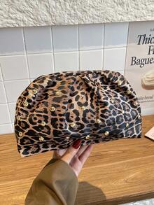 New Rivet Leopard Print Clutch Bag, Pleated Minimalist Cloud Shaped Bag For Women - Brown - View 8
