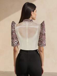 1 pieza Blusa elegante de mujer con diseño de cuello alto semitransparente y empalme, estilo báltico para primavera/verano - Rojo - Ver 2