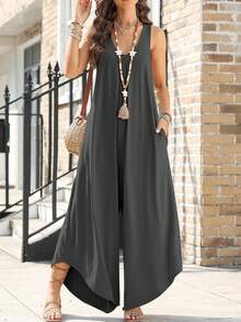 Mono de mujer talla grande con cuello en V y bajo asimétrico, para primavera - Gris Oscuro - Ver 1