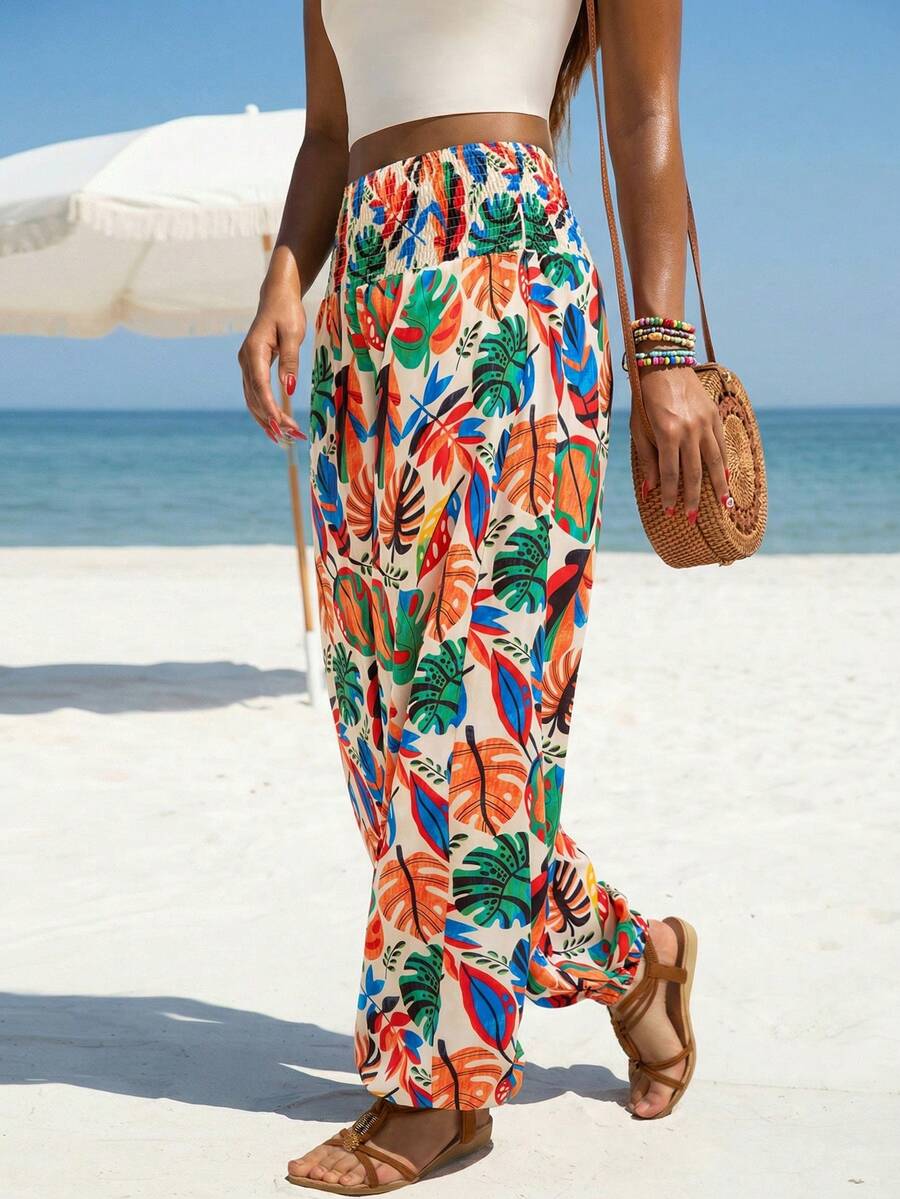 Women's Tropical Leaf Print Beach Pants Smocked Waist Ankle Cuffed Vacation Casual Wide Leg Lounge Trousers(YY1202) Spring - Multicolor - View 1