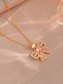 1pc Fashionable Cute Pink Zirconia Bow Tie Necklace, Suitable As Birthday Gift For Girls - Gold - View 3