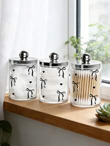 Black Bow Design Cotton Swab Storage Box, Cotton Swab Holder, Cotton Swab And Dental Floss Container, Transparent Acrylic Makeup Pad Pad Box, Makeup Brush Holder, Cosmetic Storage Box, Suitable For Home, Office, Desk, Cleaning Ball Storage Box, Bathroom Storage Jar, Transparent Jar, Suitable For Cotton Swabs, Balls, Cotton Pads, Dental Floss (Manual Measurement: 1-2cm Error Possible) - Multicolor - View 6