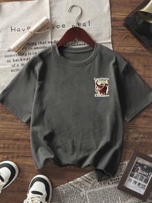 青少年男童印花短袖T恤，学生休闲夏季上衣 - 深灰色 - 查看 3