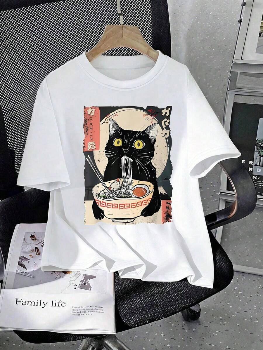 Camiseta de manga corta con estampado de gato de dibujos animados y ramen para niñas, verano - Blanco - Ver 1