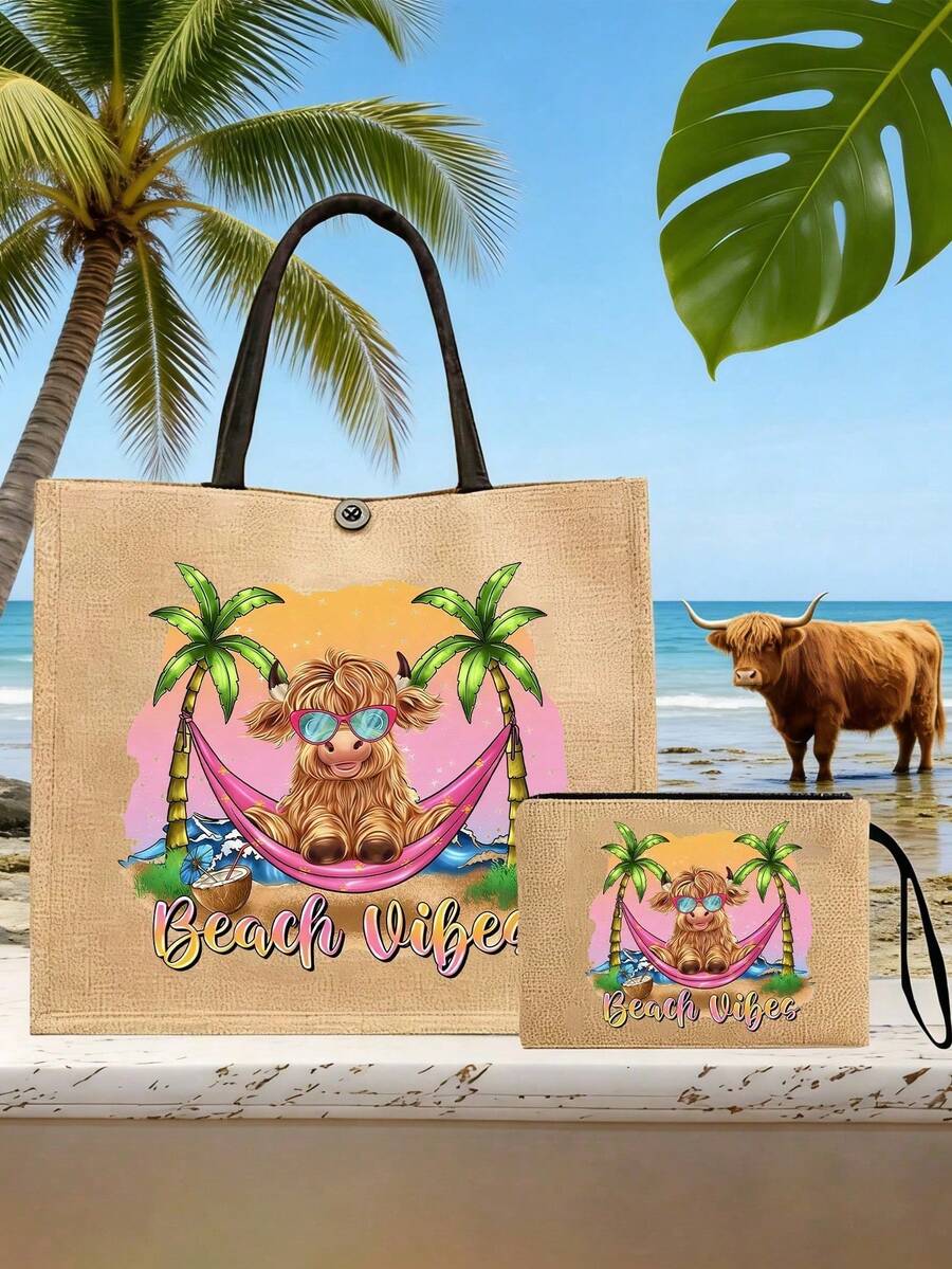 Sac à main en lin imprimé de vache des Highlands, motif ambiance plage, grand sac cosmétique avec corde à main, cadeau de Noël, porte-monnaie en lin, sac de courses, sac cosmétique, avec design d'impression de lettres et de motifs artistiques pour femmes, utilisation quotidienne comme sac de courses pratique. Cadeau de remerciement pour les enseignants, guide des cadeaux de la Saint-Valentin, cadeaux de la Saint-Valentin abordables, Pâques, Fête des Mères - Multicolore - Voir 1
