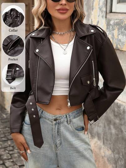 Áo khoác nữ giả da dáng ngắn, cổ ve áo, khóa kéo, kiểu biker, bomber ngắn, có thắt lưng.