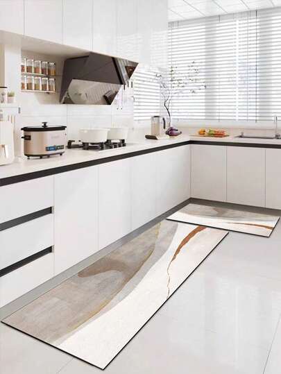 1pc Soft Rubber Water-Absorbing Kitchen Mat, 3.5mm Thick Absorbent Rug For Large Or Small Spaces, Suitable For Nordic, Japanese, Minimalist, And Luxury Styles, Main Colors In Low-Saturation Gray And White With Gentle Curved Textures And Reddish-Brown Line Accents, Can Be Trimmed To Fit Kitchen Size