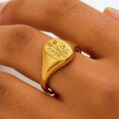 VKHK 1 pièce Bague gravée florale en acier inoxydable plaqué or 18 carats, cadeau élégant pour le quotidien et le mariage pour femmes