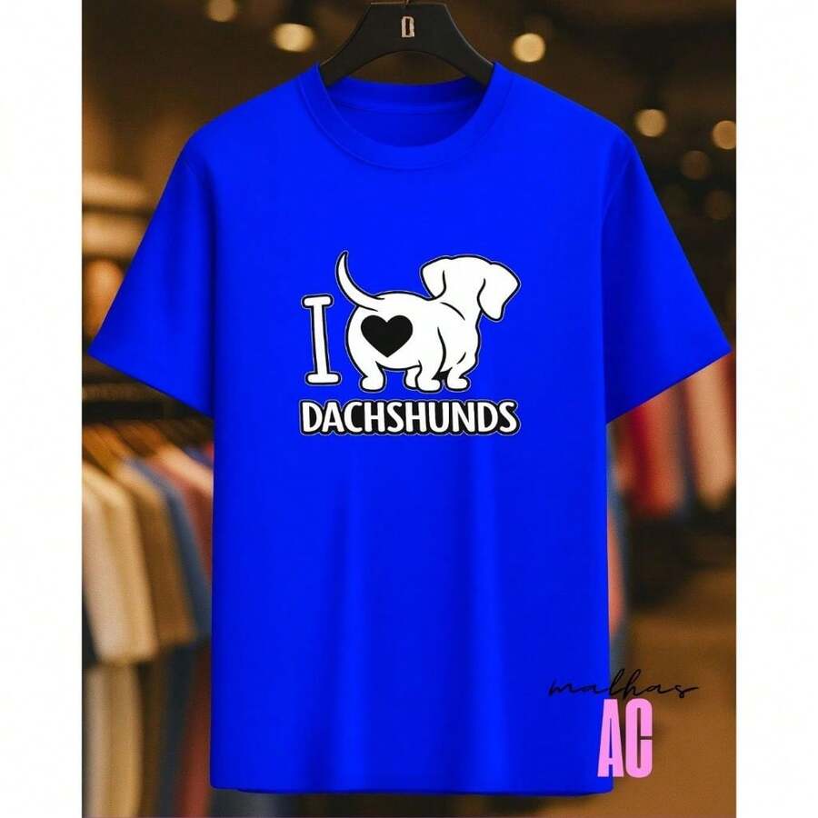 Love Dachshunds Sausage Dog T-Shirt 02 Printed White 100% Cotton Unisex Men's Women's Comfortable - 寶藍色 - 查看 1