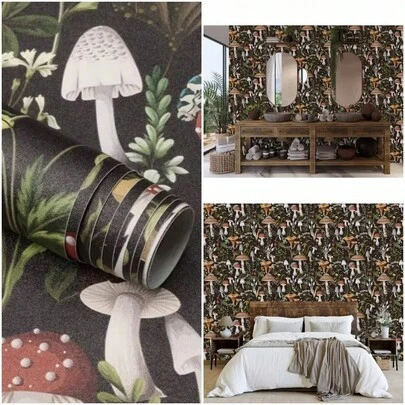 1卷可移除乙烯基壁纸，蘑菇图案，防水，自粘，适用于卧室、浴室、厨房、墙面、家具、DIY装饰，尺寸为17.7英寸 x 39.3英寸/118.1英寸/196.8英寸/393.7英寸