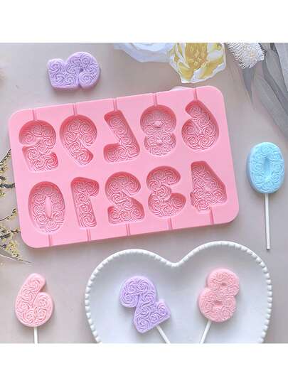 1个0-9数字3D立体浮雕巧克力模具，玫瑰、蝴蝶结、花朵造型棒棒糖硅胶模具，带插杆孔，适用于生日蛋糕装饰DIY烘焙、纸杯蛋糕装饰、饼干、糖果、棒棒糖、蜡烛，适合情人节、生日、母亲节、父亲节等场合。